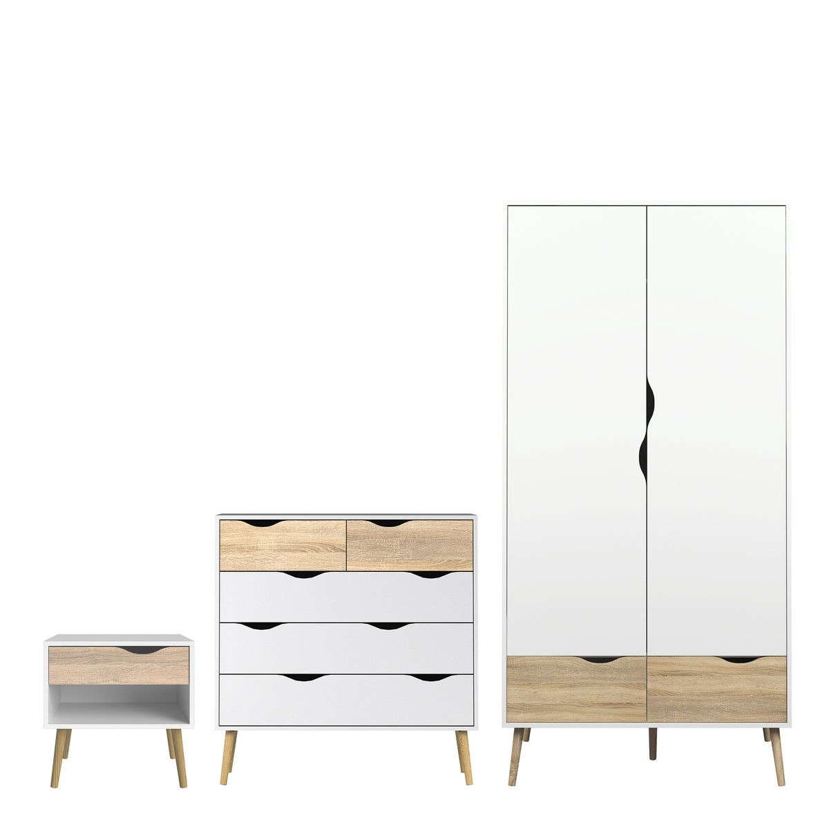 Oslo 3 Piece Bundle, Bedside, Chest and 2 Door 2 Drawers Wardrobe in White and Oak