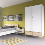 Oslo 3 Piece Bundle, Bedside, Chest and 2 Door 2 Drawers Wardrobe in White and Oak