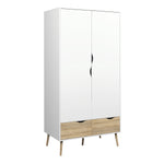 Oslo 3 Piece Bundle, Bedside, Chest and 2 Door 2 Drawers Wardrobe in White and Oak