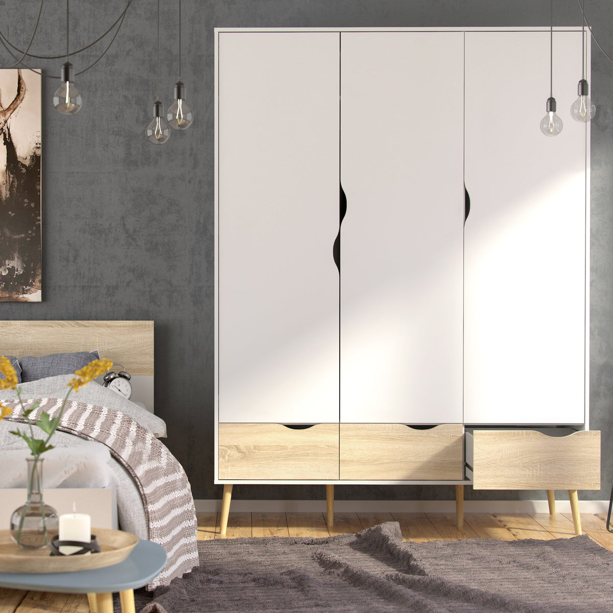 Oslo 3 Piece Bundle, Bedside, Chest and 3 Door 3 Drawers Wardrobe in White and Oak