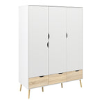 Oslo 3 Piece Bundle, Bedside, Chest and 3 Door 3 Drawers Wardrobe in White and Oak