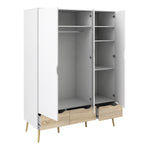 Oslo 3 Piece Bundle, Bedside, Chest and 3 Door 3 Drawers Wardrobe in White and Oak