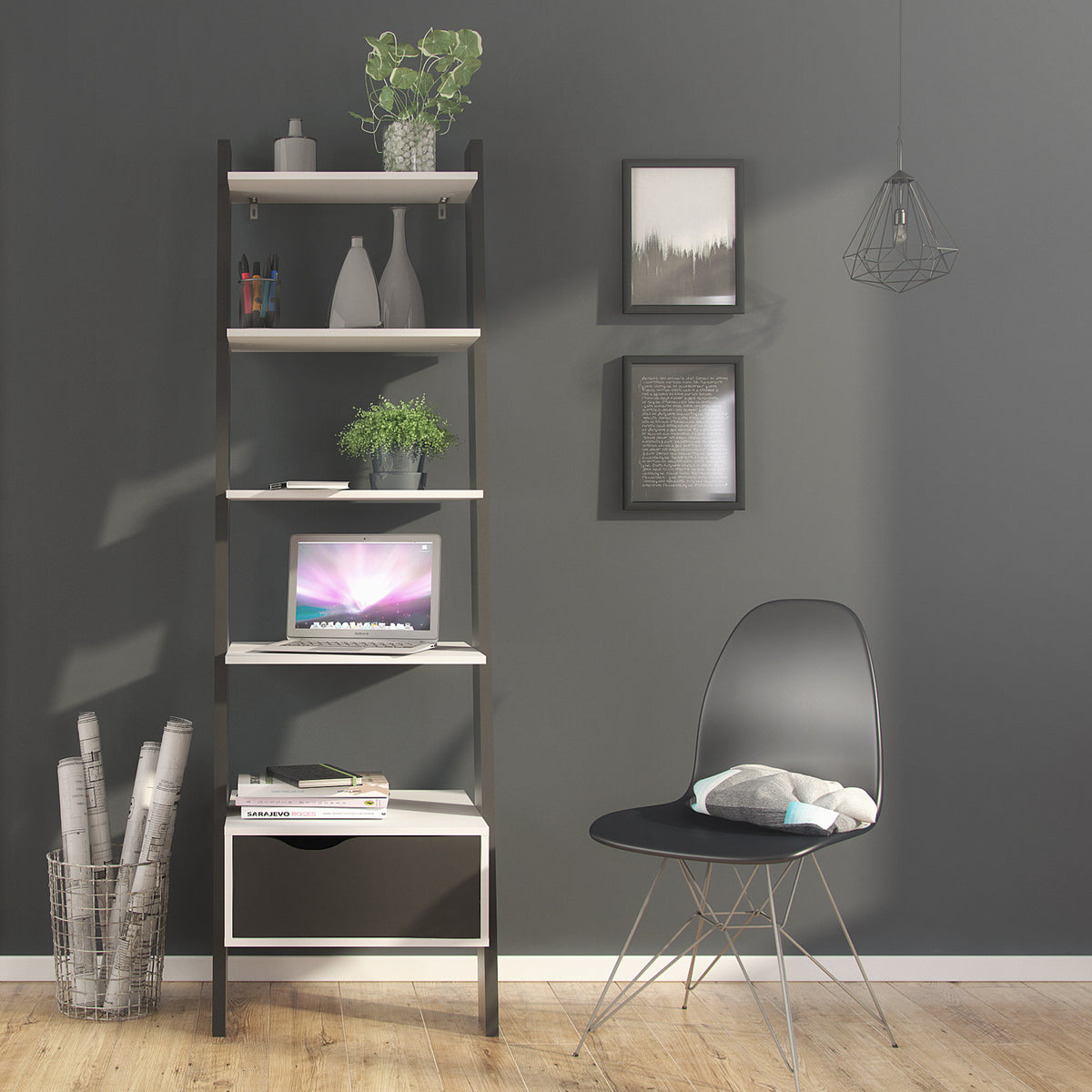 Oslo Leaning Bookcase 1 Drawer in White and Black Matt