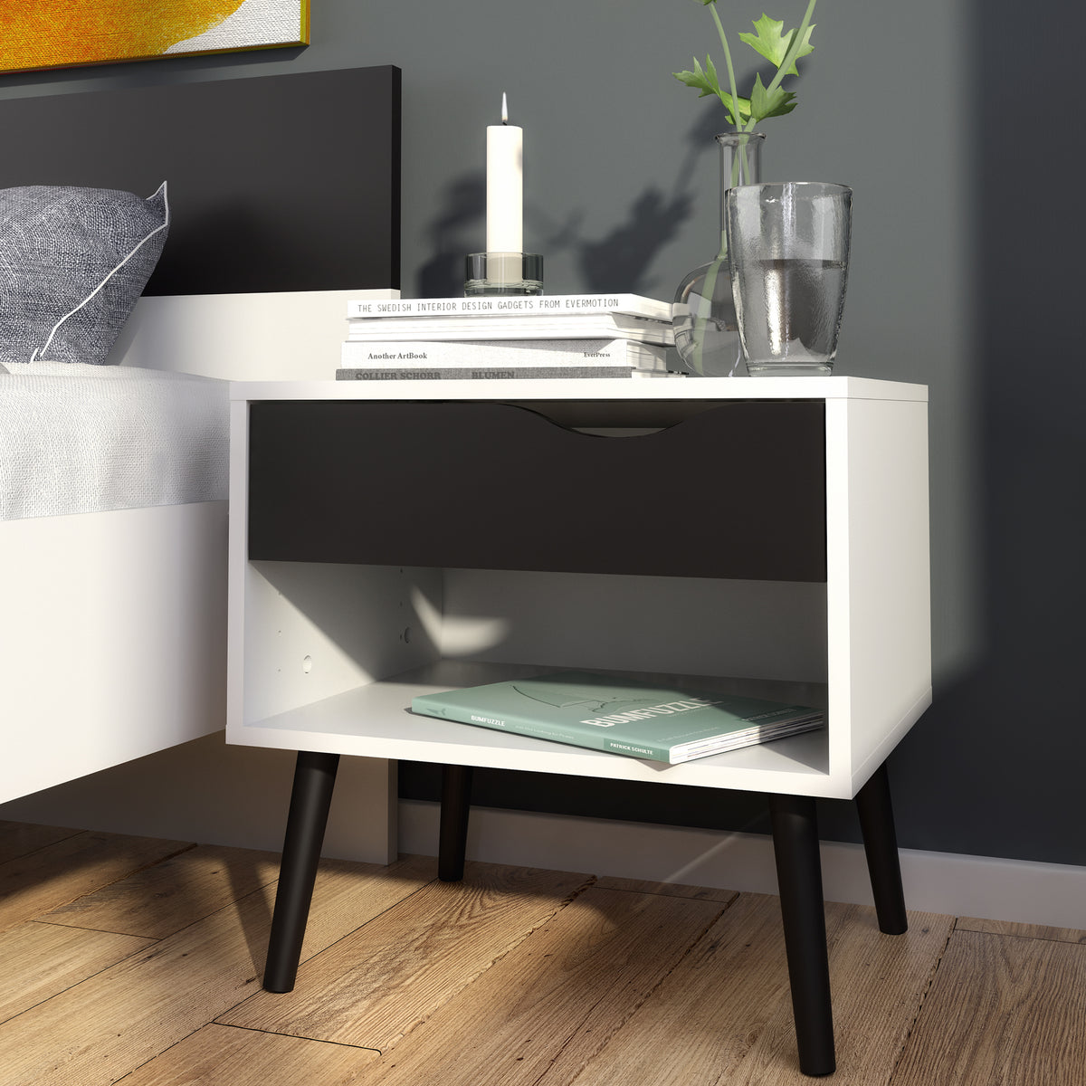 Oslo Bedside 1 Drawer in White and Black Matt