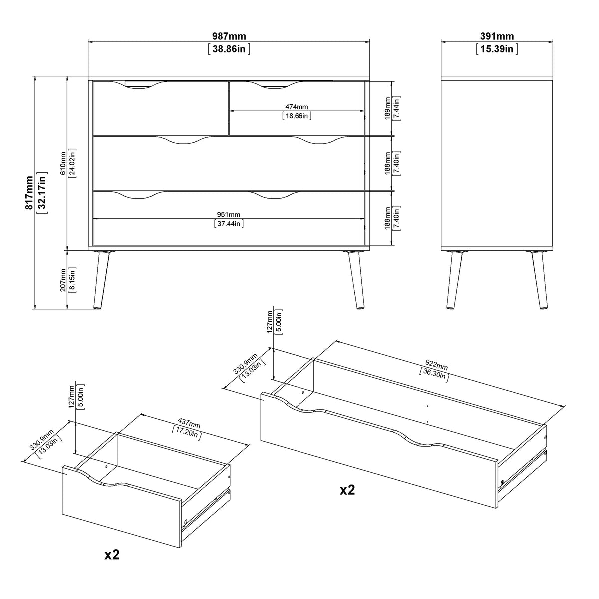 Oslo Chest of 4 Drawers (2+2) in Black and Oak