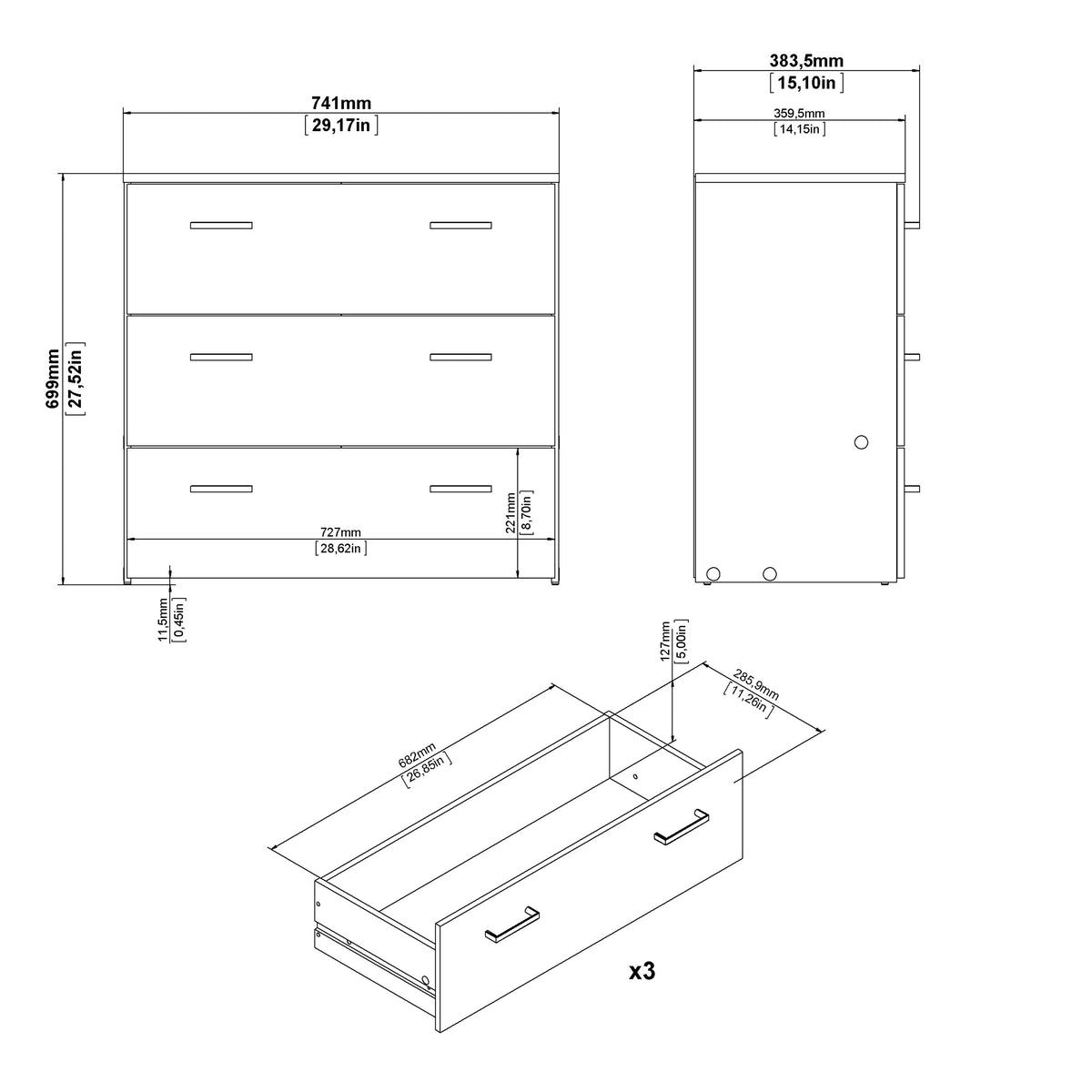 Space 3 Piece Bundle, Bedside, Chest and 2 Door Wardrobe in White