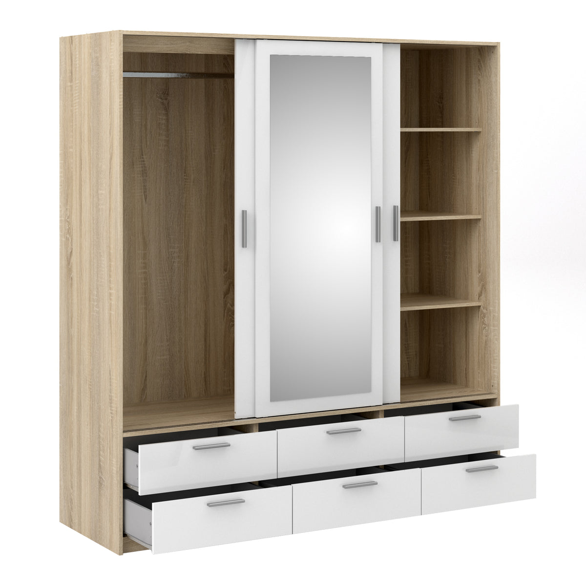 Line Wardrobe - 3 Doors 6 Drawers in Oak with White High Gloss