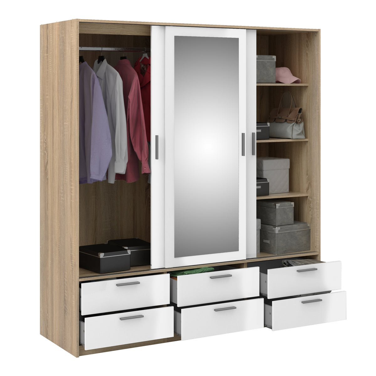 Line Wardrobe - 3 Doors 6 Drawers in Oak with White High Gloss