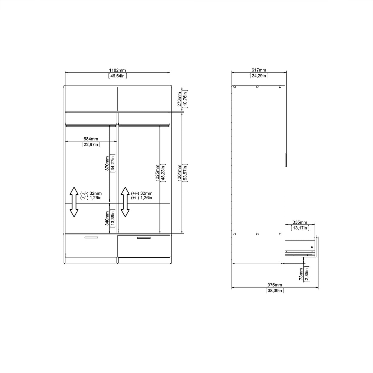 Line Wardrobe with 2 Doors + 2 Drawers in White and Jackson Hickory Oak