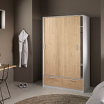 Line Wardrobe with 2 Doors + 2 Drawers in White and Jackson Hickory Oak