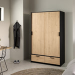 Line Wardrobe with 2 Doors + 2 Drawers in Black and Jackson Hickory Oak