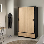 Line Wardrobe with 2 Doors + 2 Drawers in Black and Jackson Hickory Oak