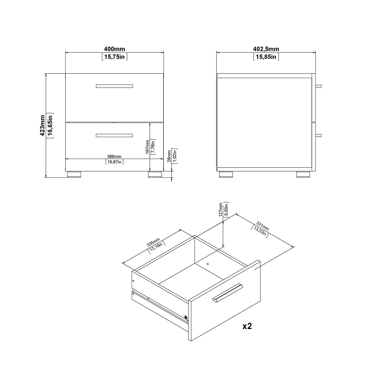 Pepe 3 Piece Bundle, Bedside, Chest and 2 Door Wardrobe in Oak and White High Gloss