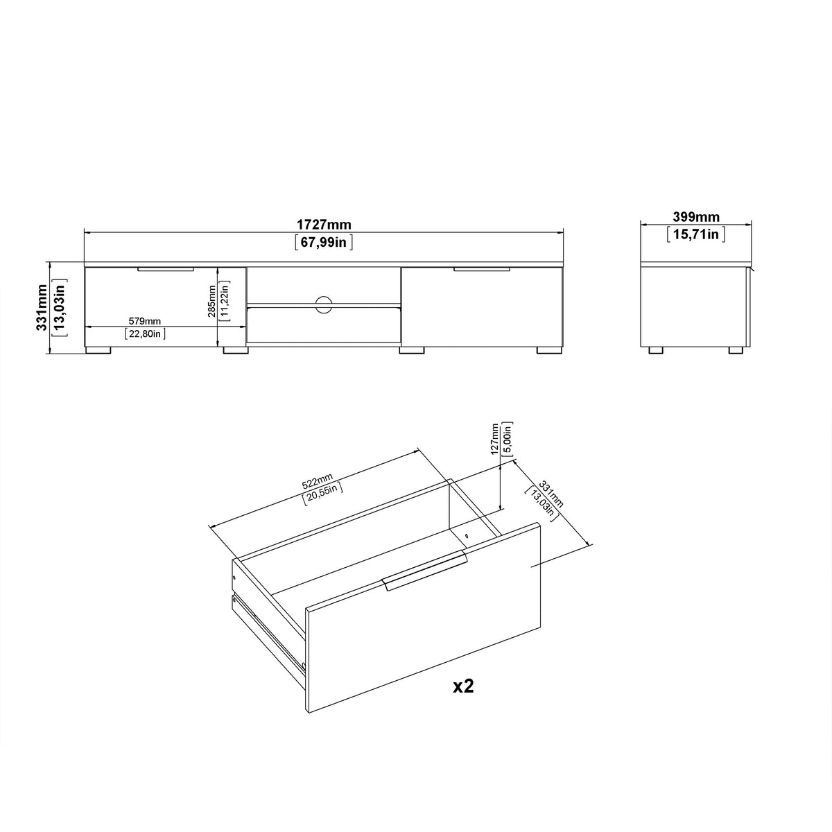 Match TV Unit 2 Drawers 2 Shelf in Black