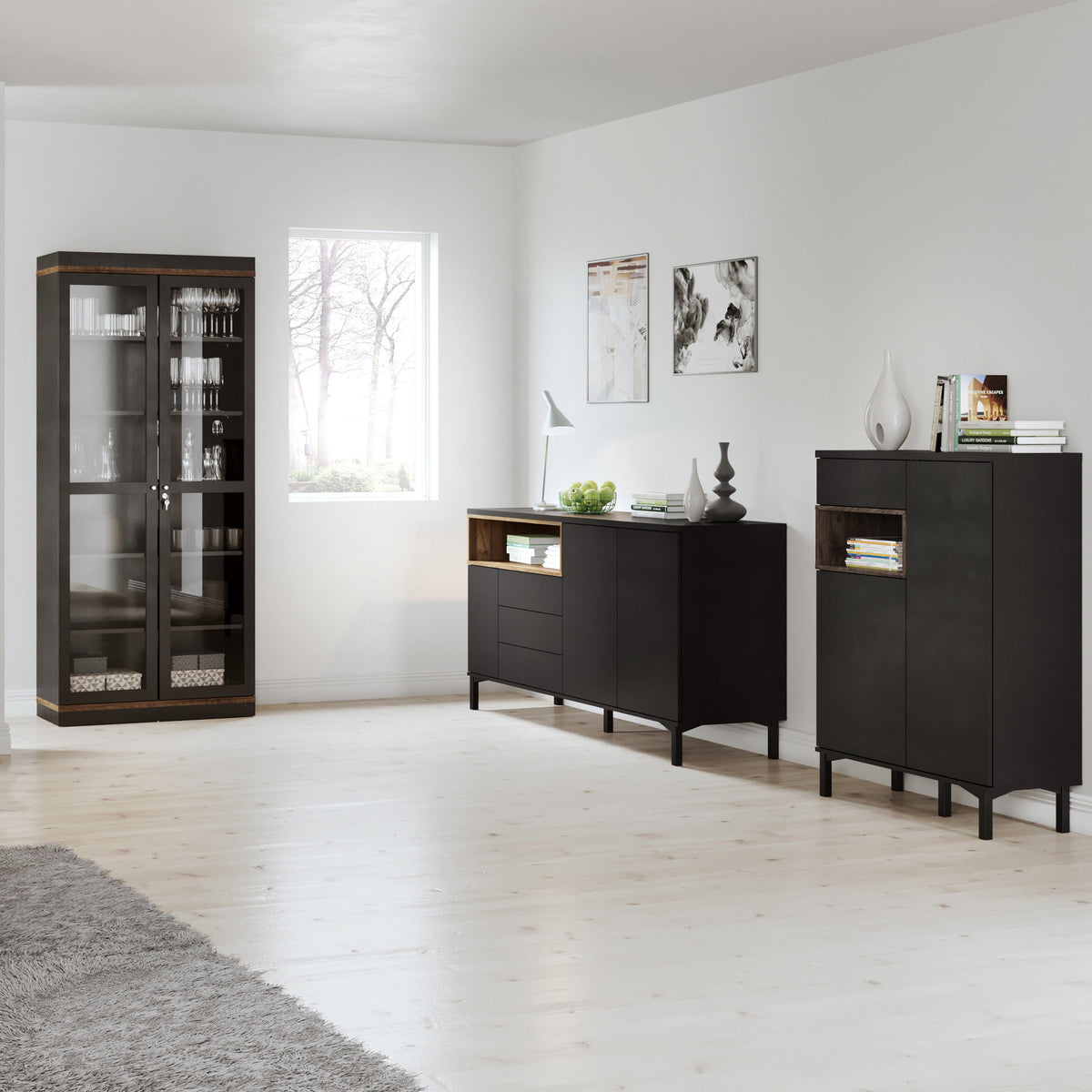 Roomers Sideboard 2 Drawers 1 Door in Black and Walnut