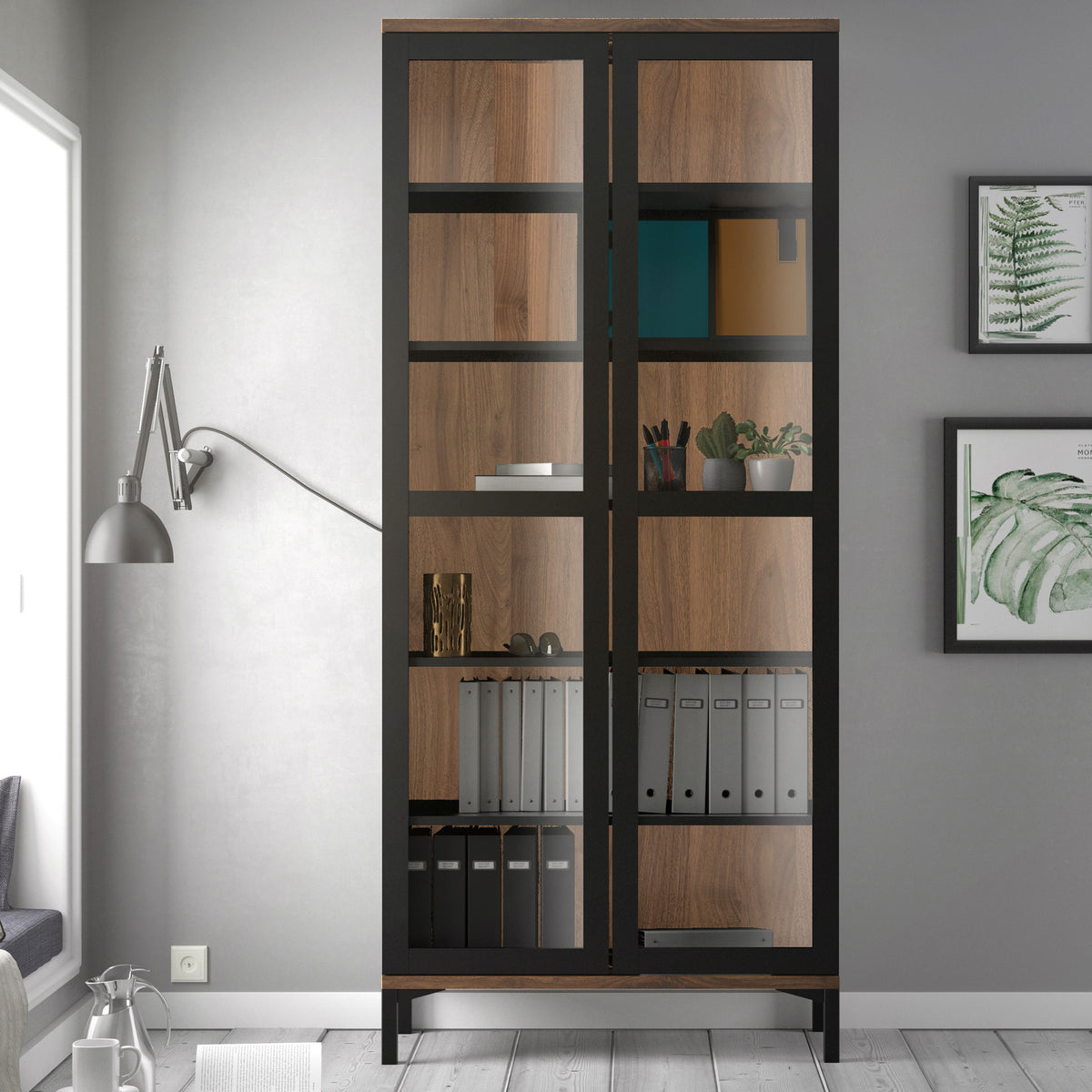 Roomers Display Cabinet Glazed 2 Doors in Black and Walnut