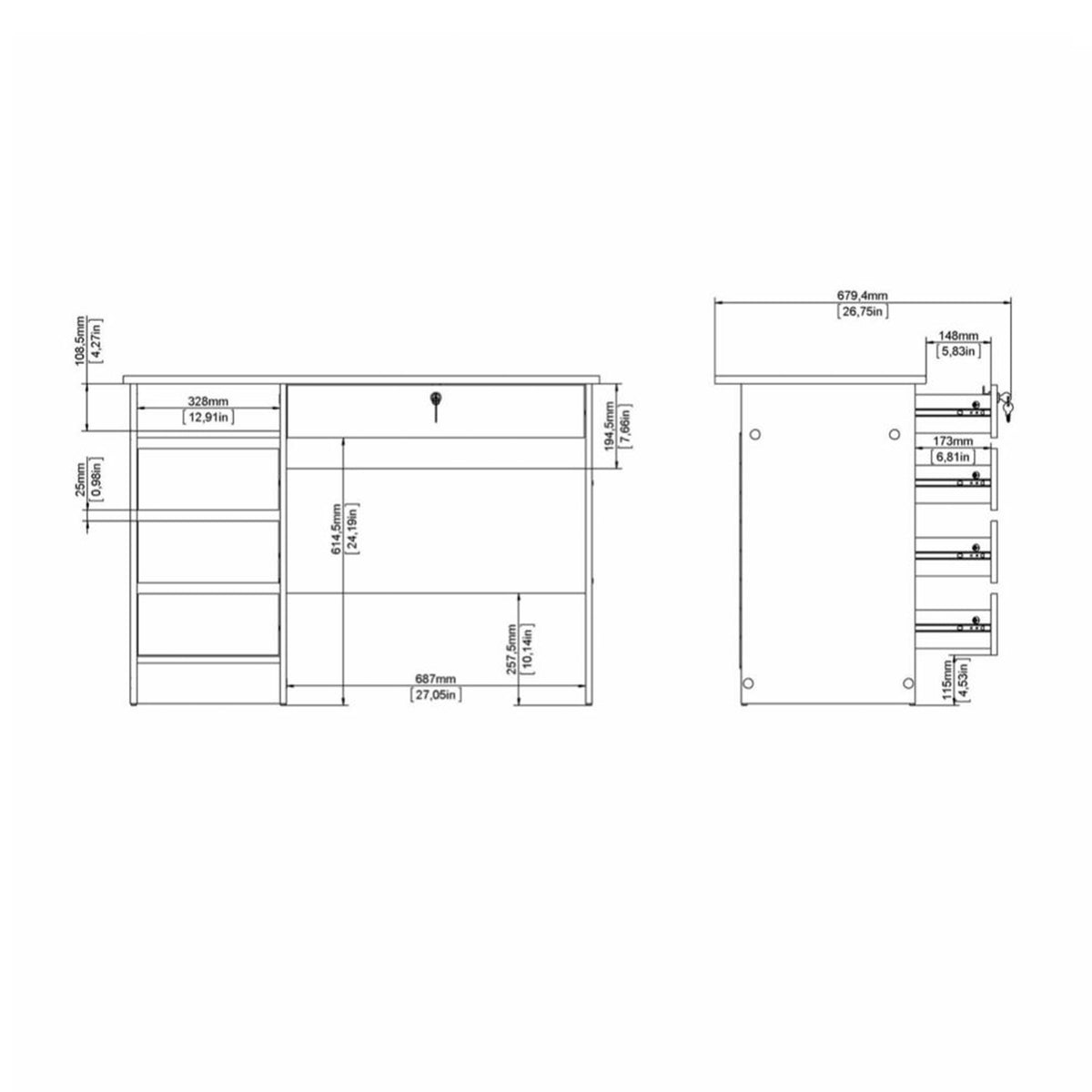 Function Plus Desk (3+1) handle free Drawer in White