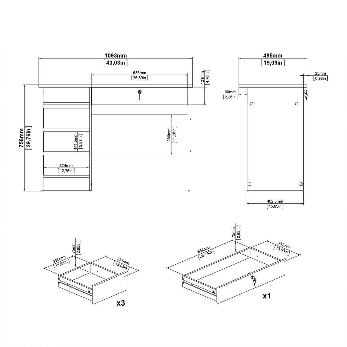 Function Plus Desk (3+1) handle free Drawer in Jackson Hickory Oak