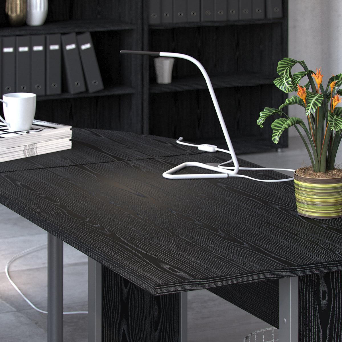 Prima Desk 150 cm in Black woodgrain with Silver grey steel legs