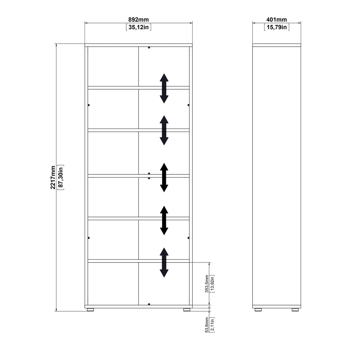 Prima Bookcase 3 Shelves With 2 Drawers And 2 Doors In White