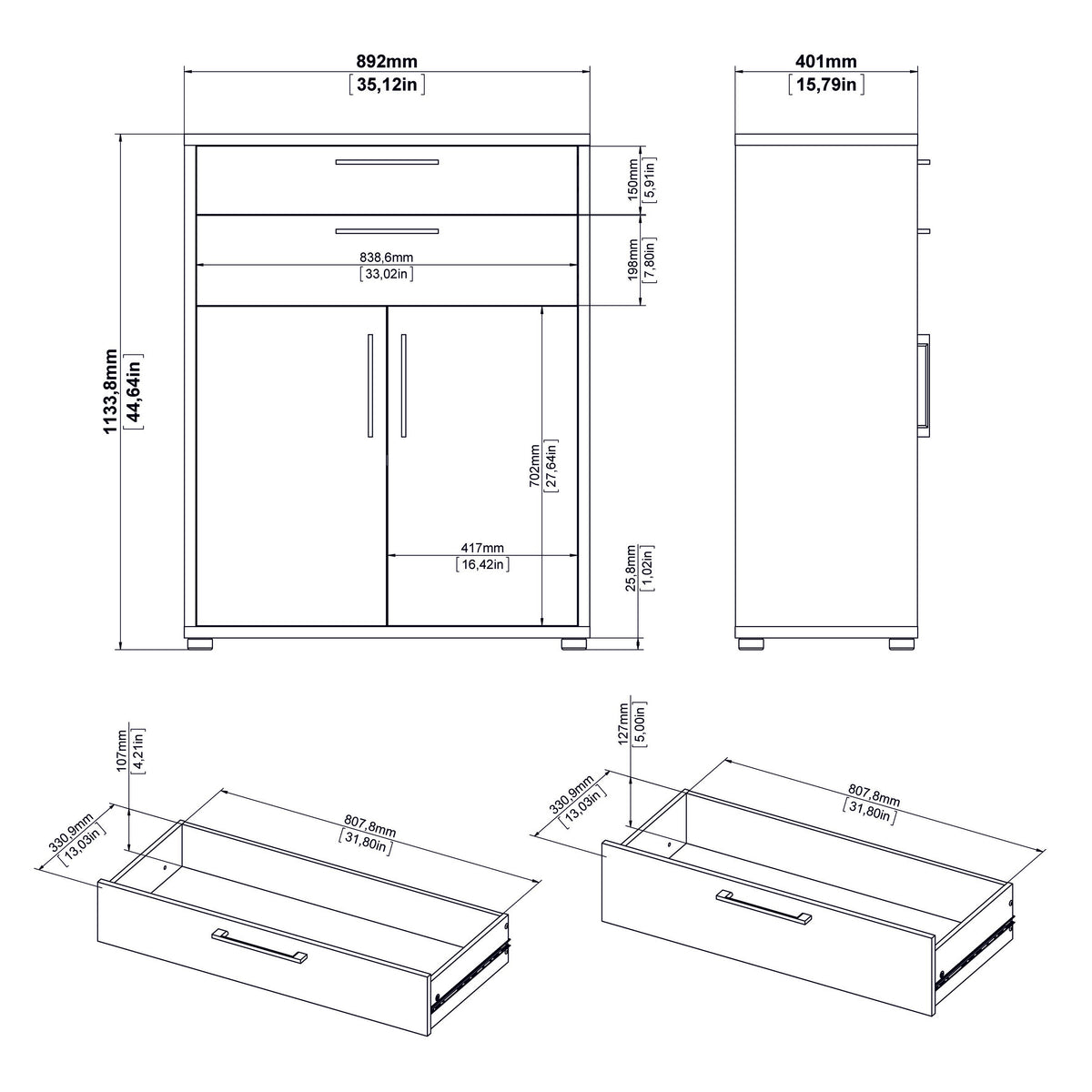 Prima Bookcase 3 Shelves With 2 Drawers And 2 Doors In White