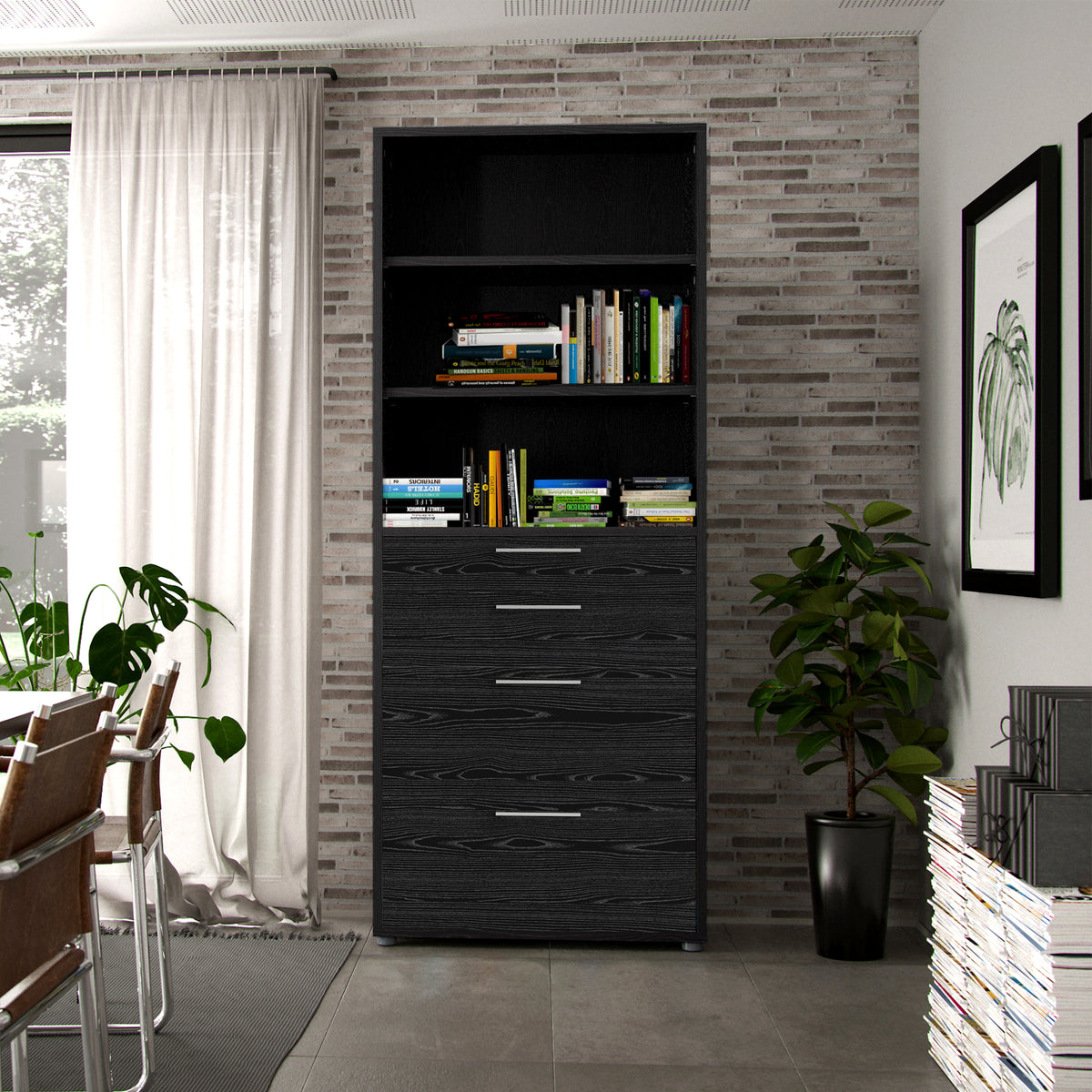 Prima Bookcase 2 Shelves With 2 Drawers + 2 File Drawers In Black Woodgrain