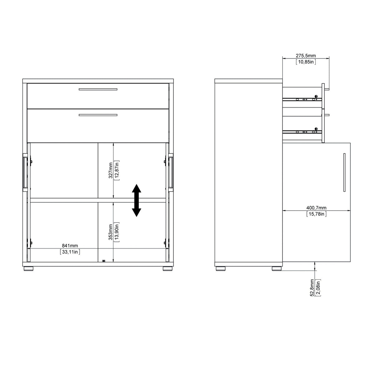 Prima Bookcase 1 Shelf with 2 Drawers and 2 Doors in Oak