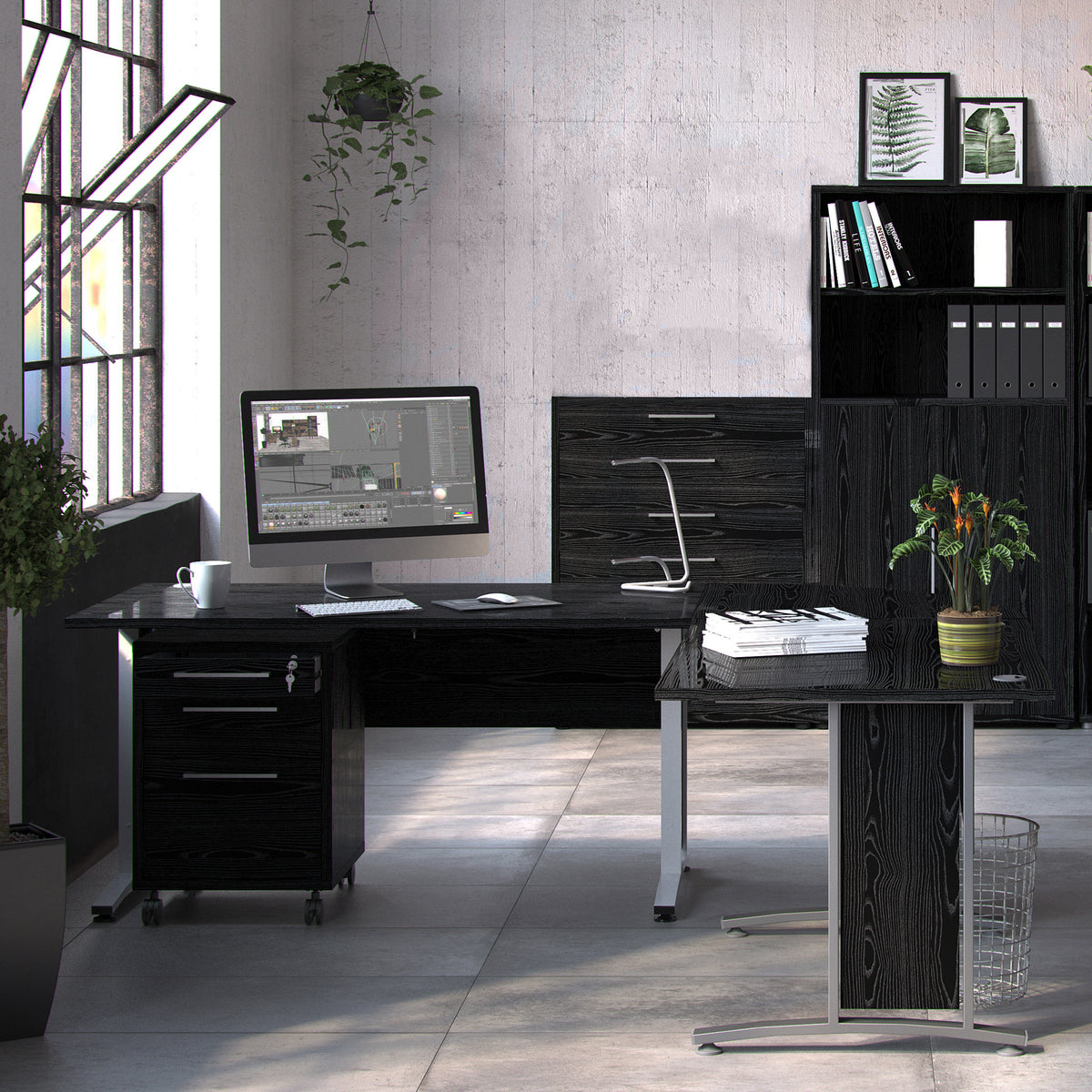 Prima Office Storage With 2 Drawers + 2 File Drawers In Black Woodgrain