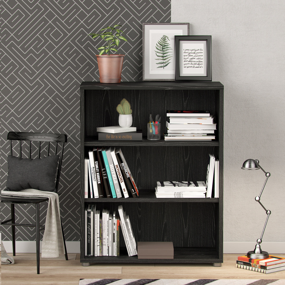 Prima Bookcase 2 Shelves in Black woodgrain