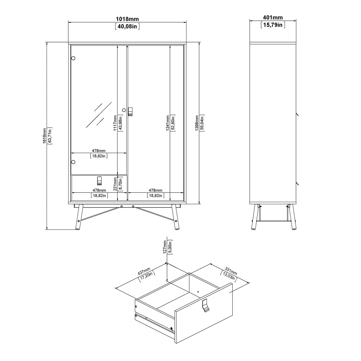 Ry China cabinet 1 door + 1 glass door + 1 drawer Matt White