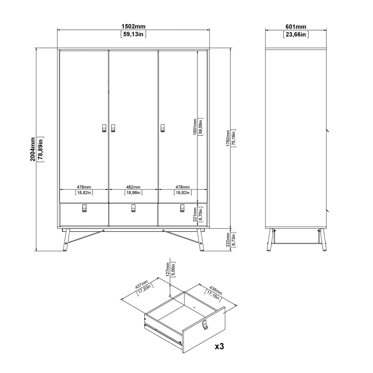 Ry Wardrobe 3 doors + 3 drawers in Matt Black Walnut