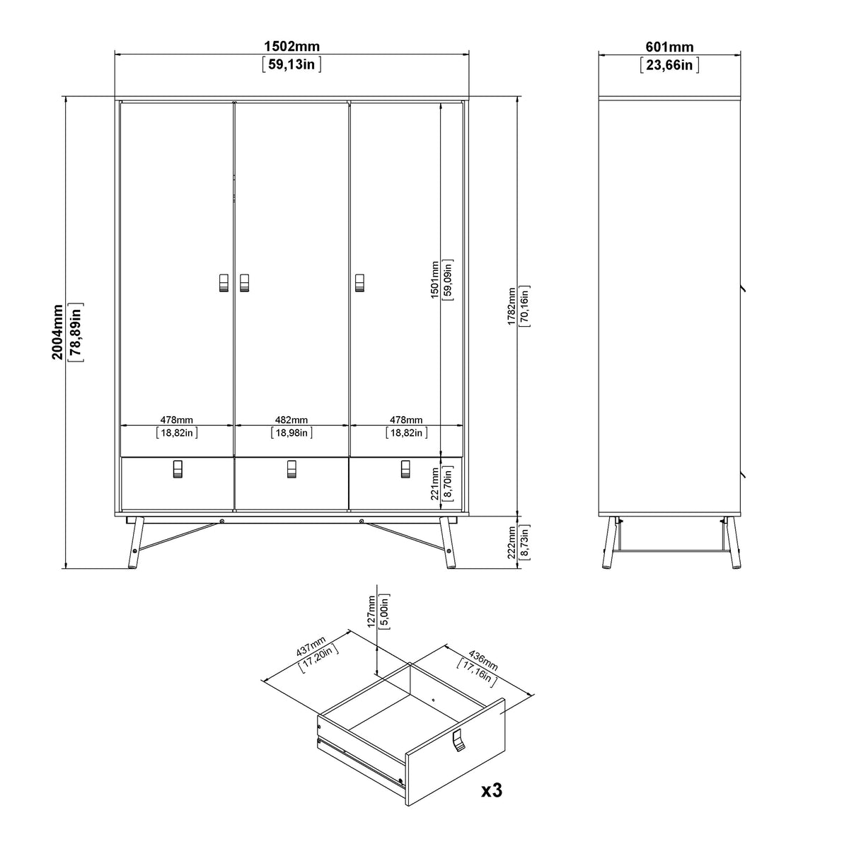 Ry Wardrobe 3 Doors + 3 Drawers in Jackson Hickory Oak