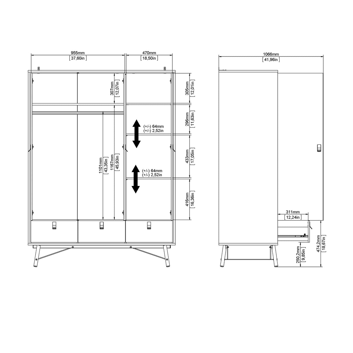 Ry Wardrobe 3 Doors + 3 Drawers in Jackson Hickory Oak