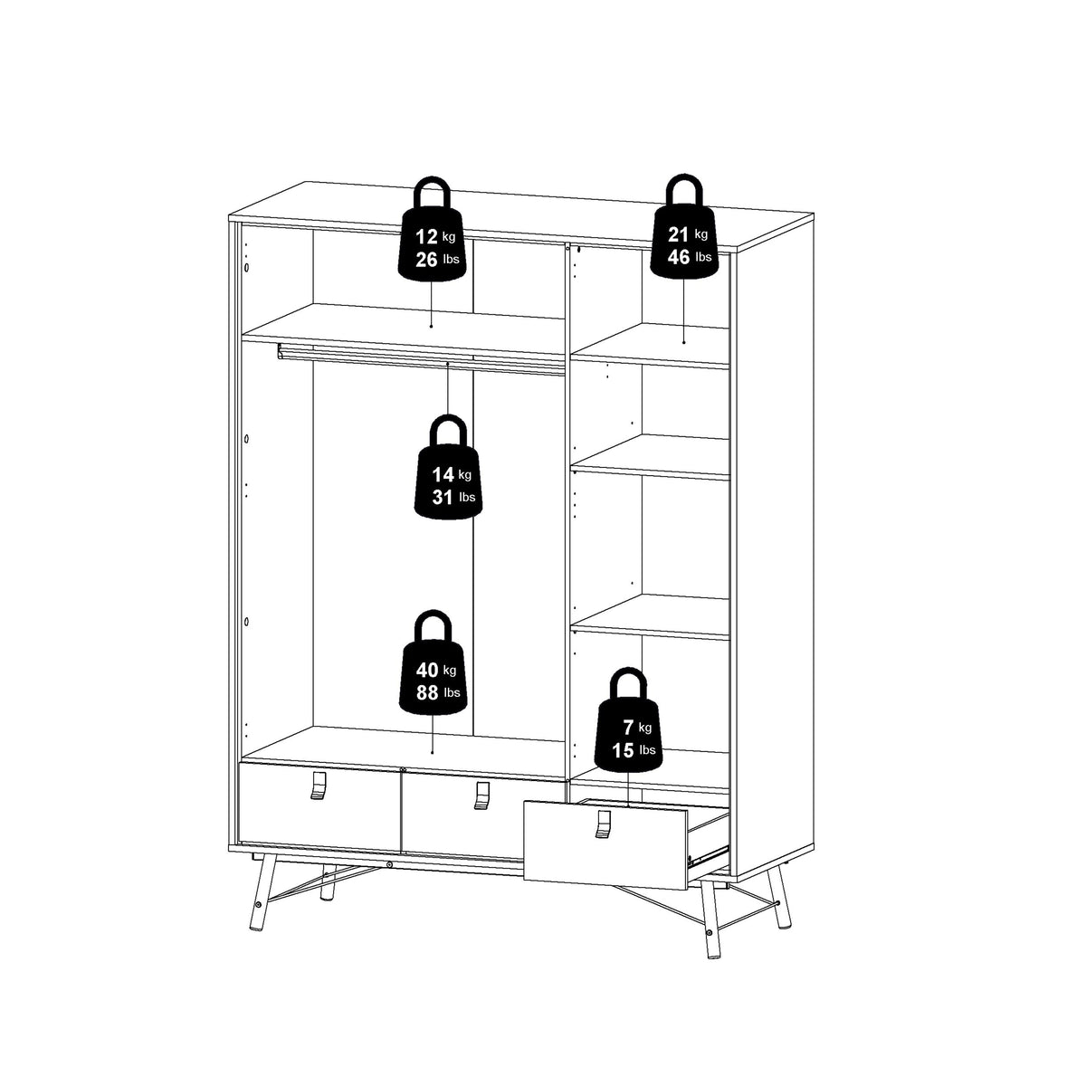 Ry Wardrobe 3 Doors + 3 Drawers in Jackson Hickory Oak