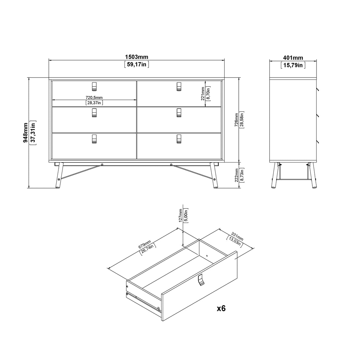 Ry Wide double chest of drawers 6 drawers in Matt White