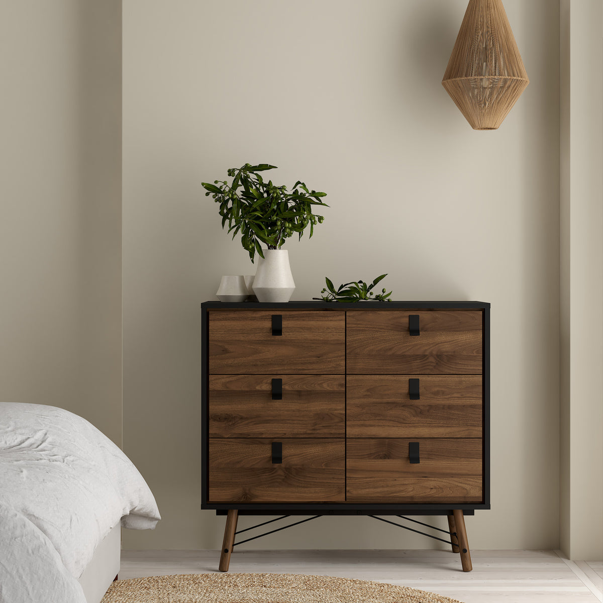 Ry Small Double Chest of Drawers 6 Drawers in Matt Black Walnut