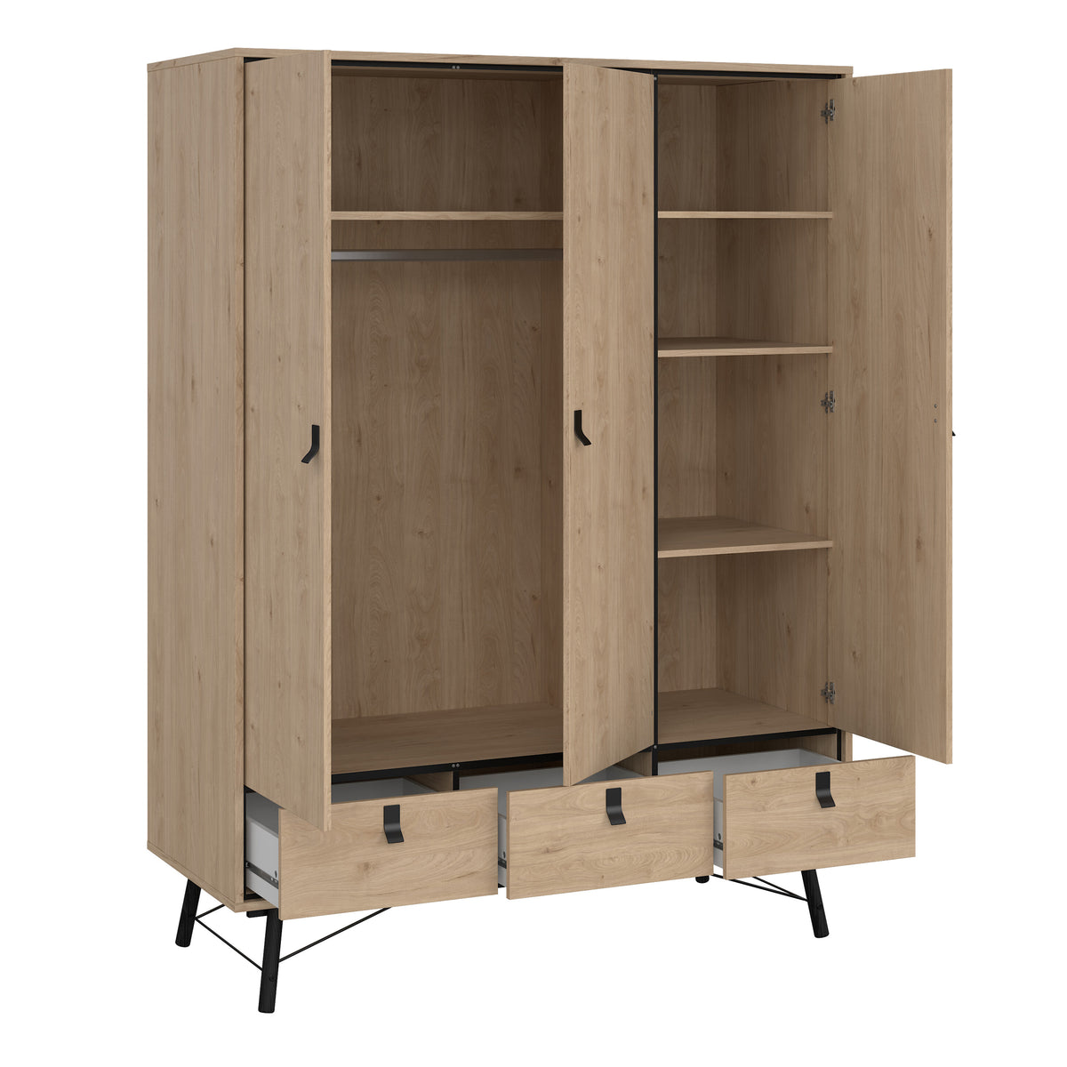 Ry 3 Piece Bundle, Bedside, Chest and 3 Door 3 Drawer Wardrobe in Jackson Hickory Oak