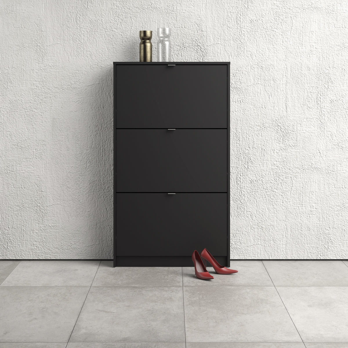 Shoes Shoe cabinet w. 3 tilting doors and 2 layers in Matt Black