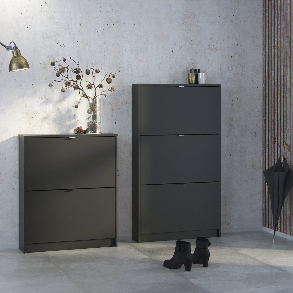 Shoes Shoe cabinet w. 3 tilting doors and 2 layers in Matt Black