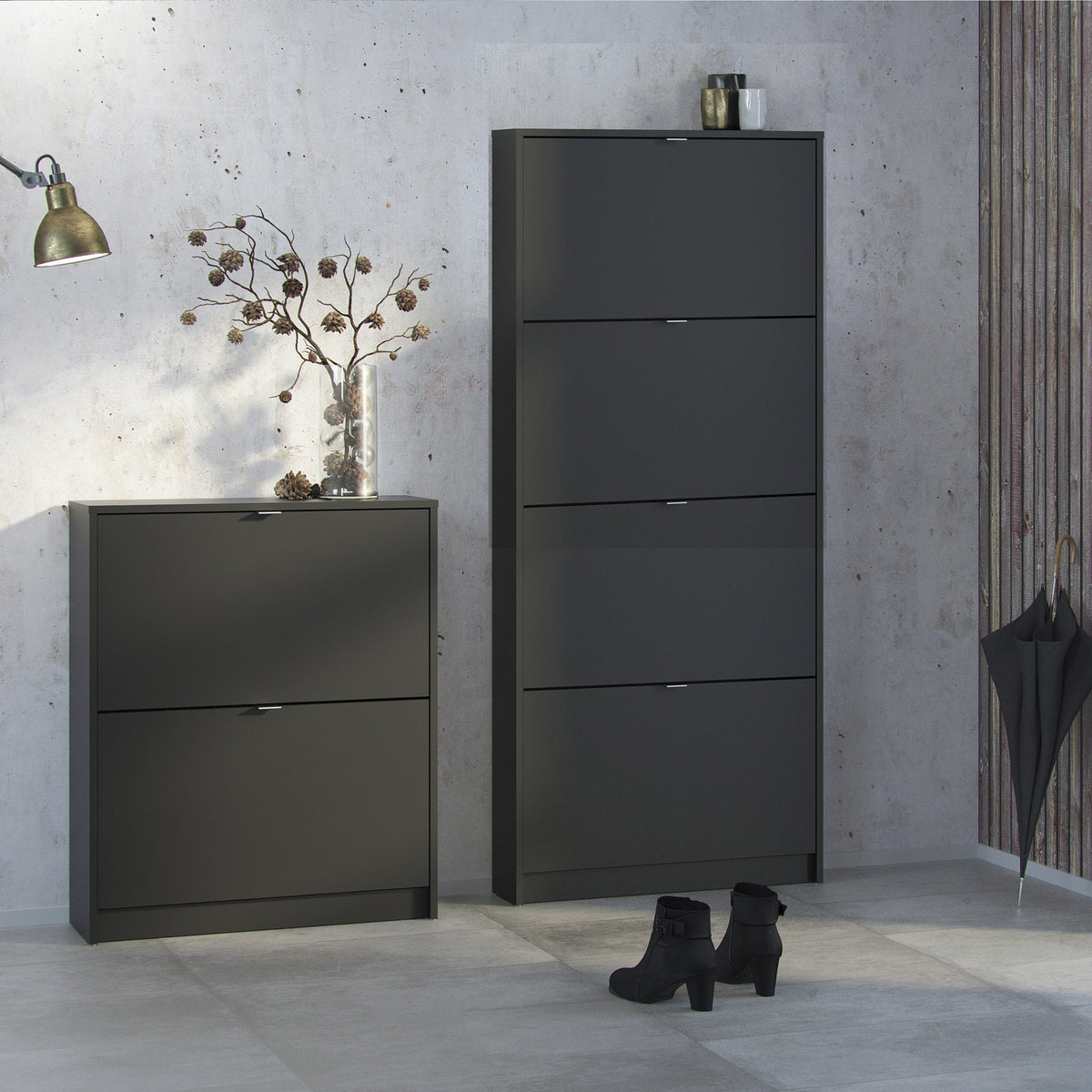 Shoes Shoe cabinet w. 4 tilting doors and 2 layers in Matt Black