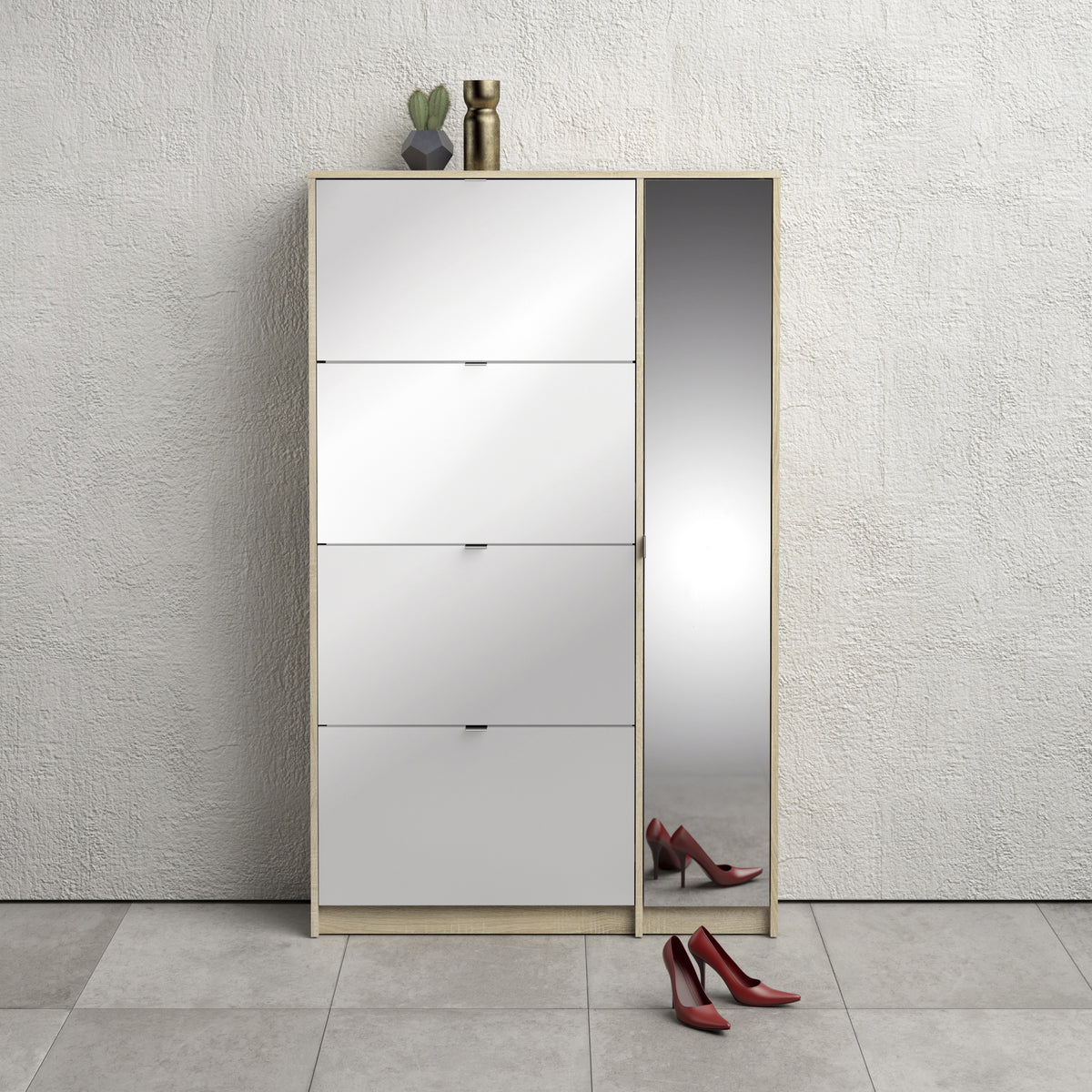 Shoes Shoe cabinet w. 4 tilting doors and 2 layers + 1 mirror door Oak structure