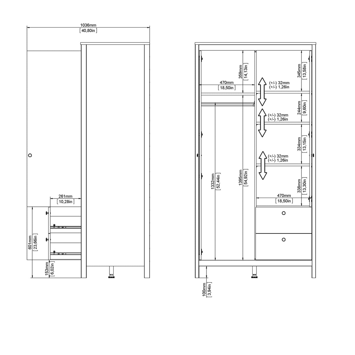 Barcelona Wardrobe with 1 door + 1 mirror door + 2 drawers Matt Black