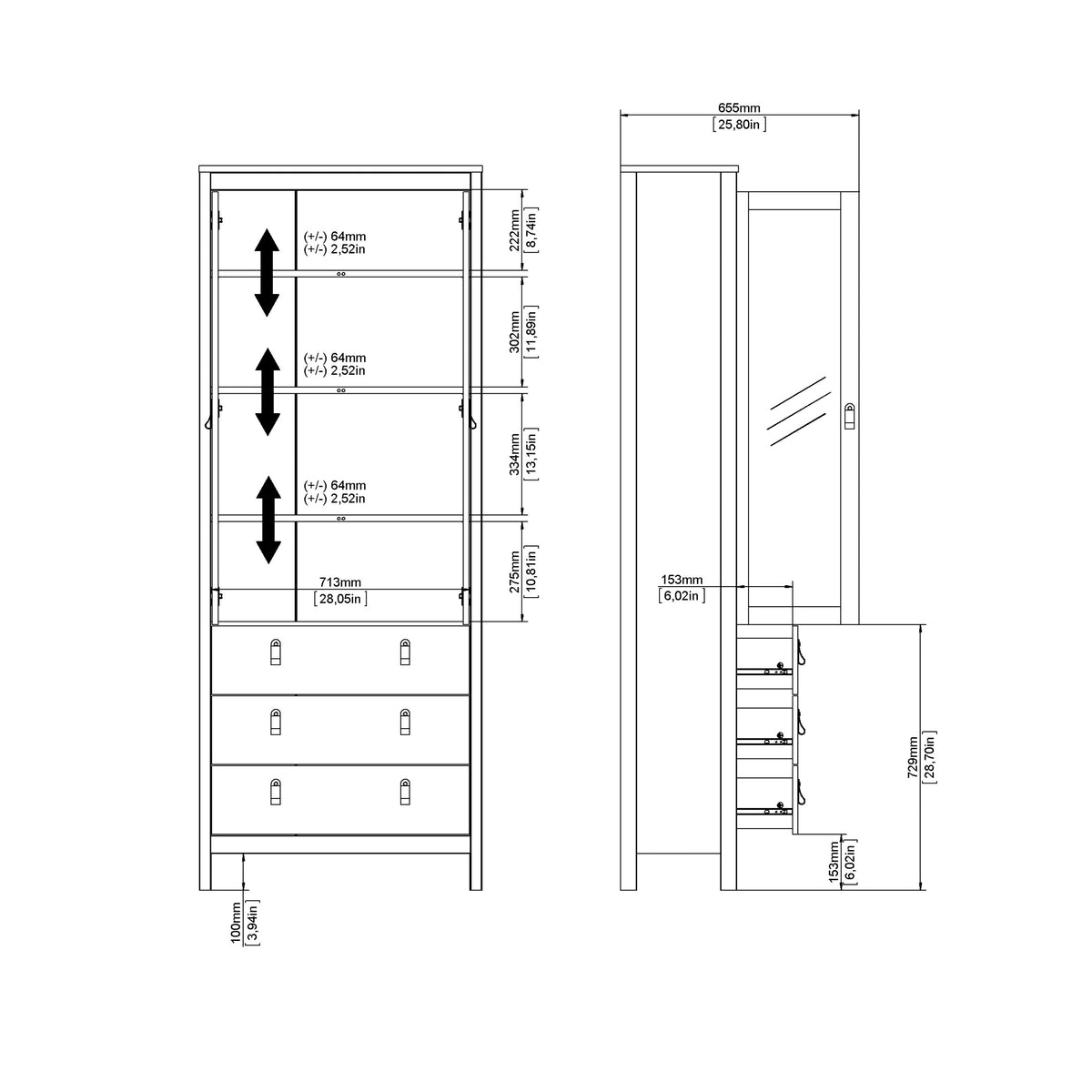 Barcelona China cabinet 2 doors w/glass + 3 drawers in Matt Black