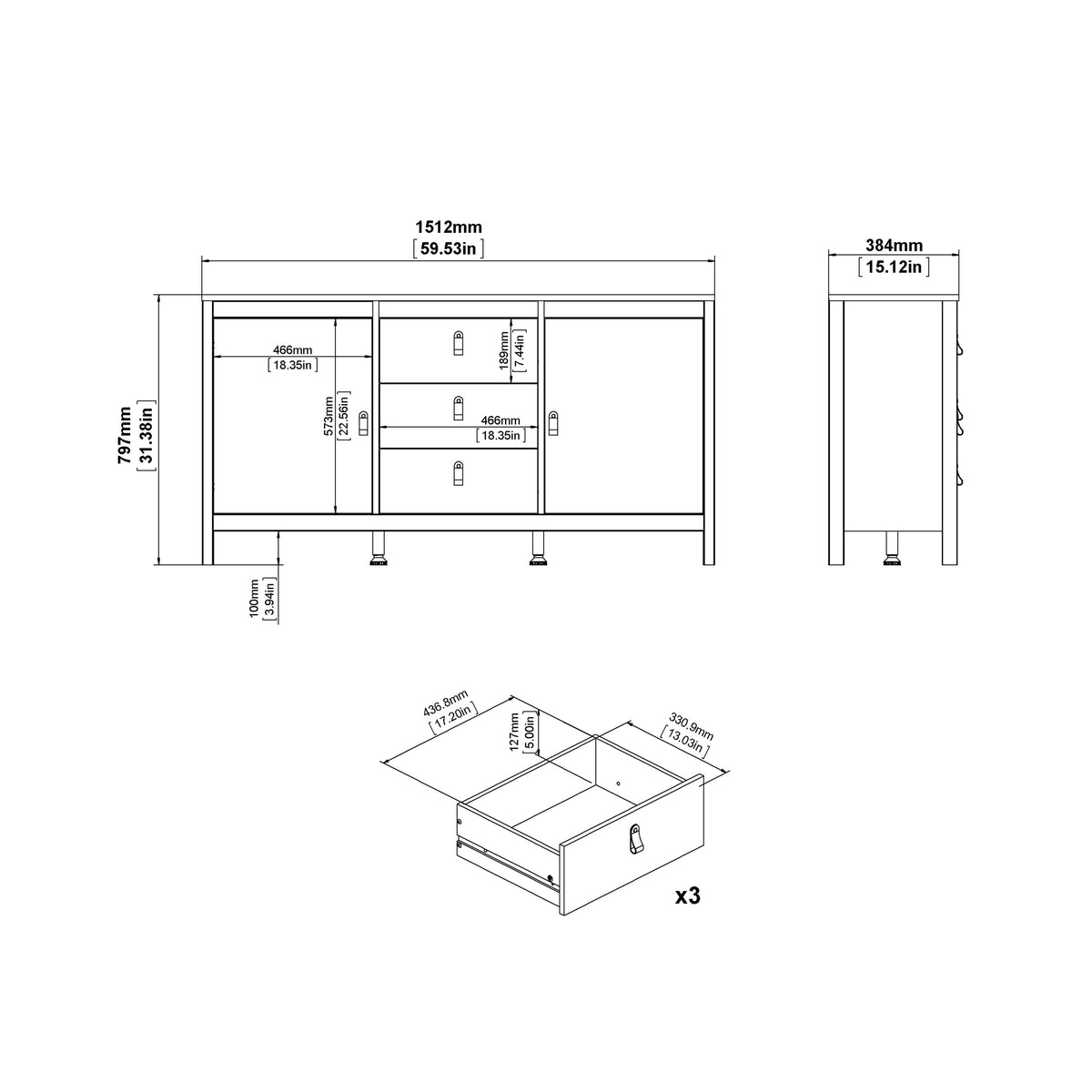 Barcelona Sideboard 2 doors + 3 drawers in White