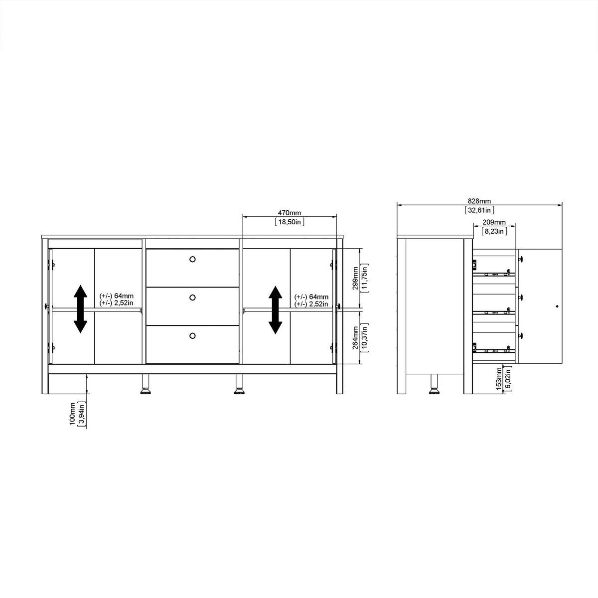 Barcelona Sideboard 2 doors + 3 drawersin Matt Black