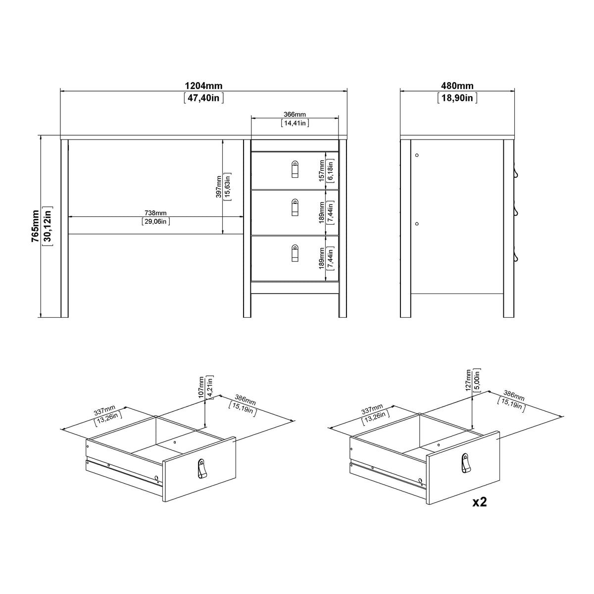 Barcelona Desk 3 drawers White