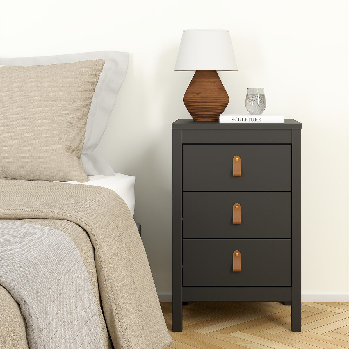 Barcelona Bedside Table 3 Drawers in Matt Black