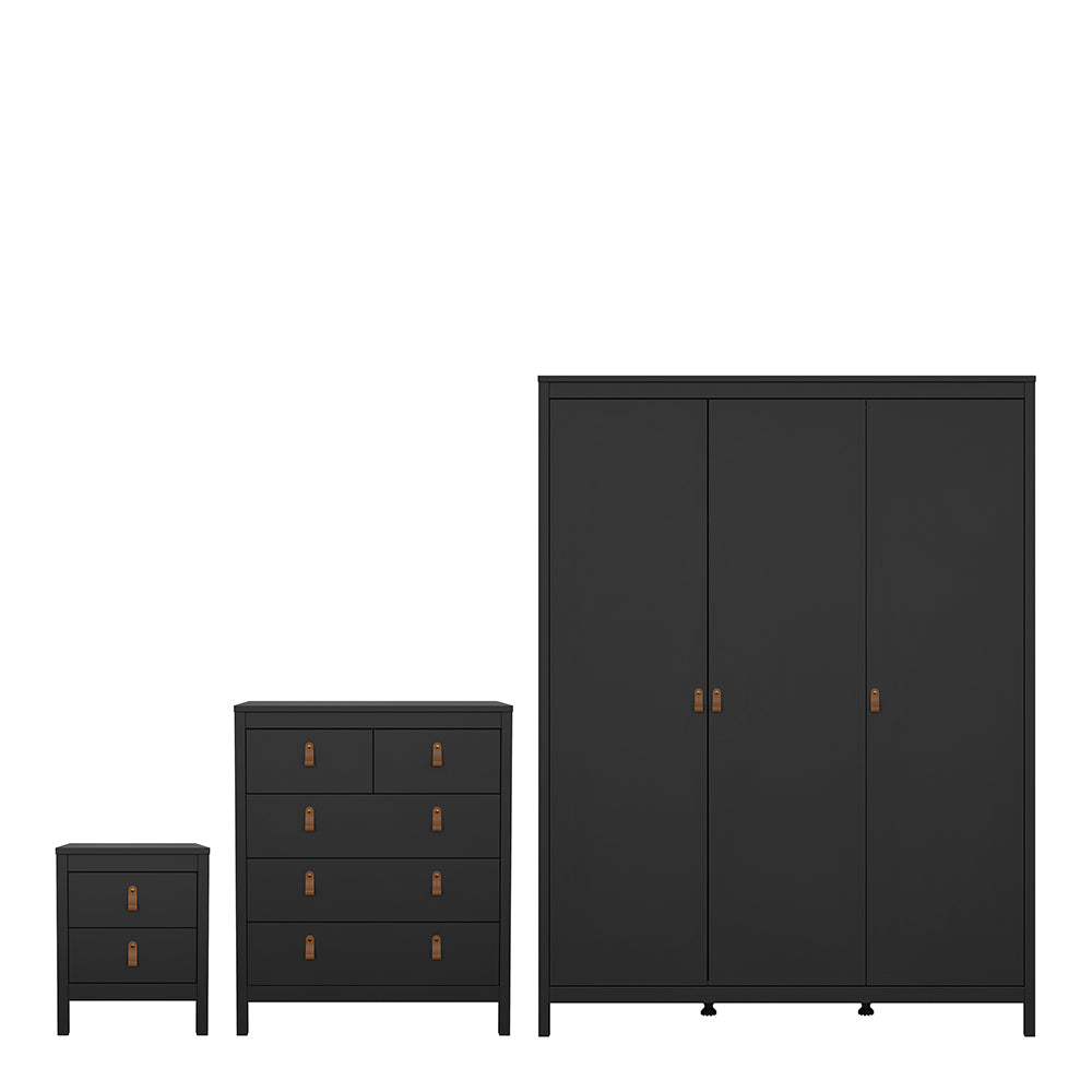 Barcelona 3 Piece Bundle, Bedside, Chest and 3 Door Wardrobe in Matt Black