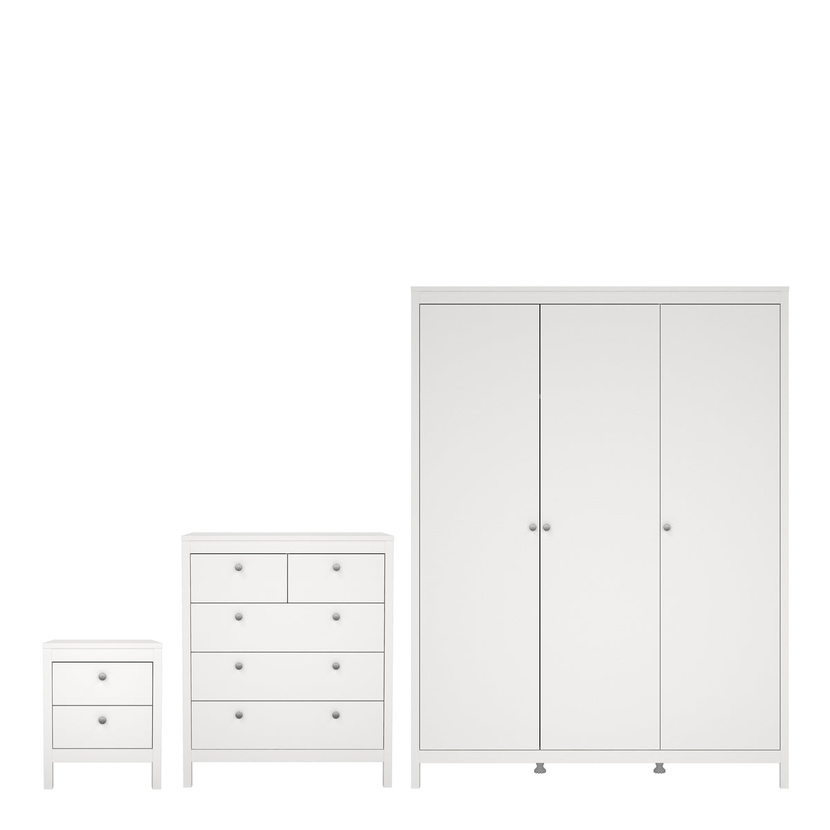 Madrid 3 Piece Bundle, Bedside, Chest and 3 Door Wardrobe in White