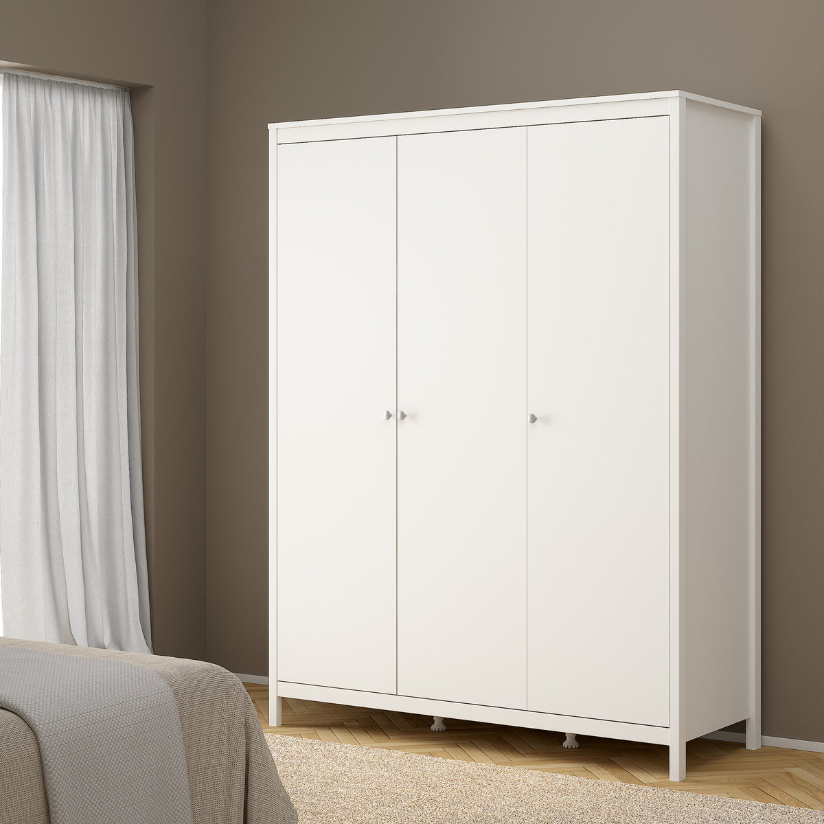 Madrid 3 Piece Bundle, Bedside, Chest and 3 Door Wardrobe in White